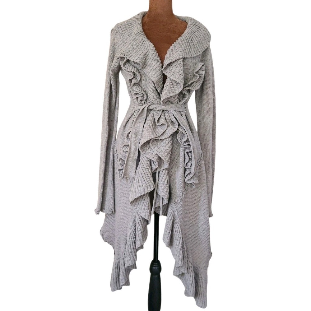 Y2K Long Cardigan Gray Ruffle Asymmetrical Size M/L‎ Sweater Womens Knit Topper
